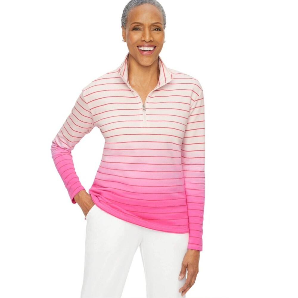 T by Talbots 1/4 Zip Pink Ombre Striped Top